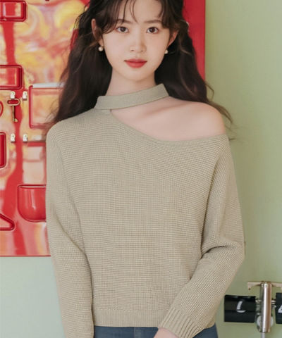 チョーカーデザインオフショルダーニット