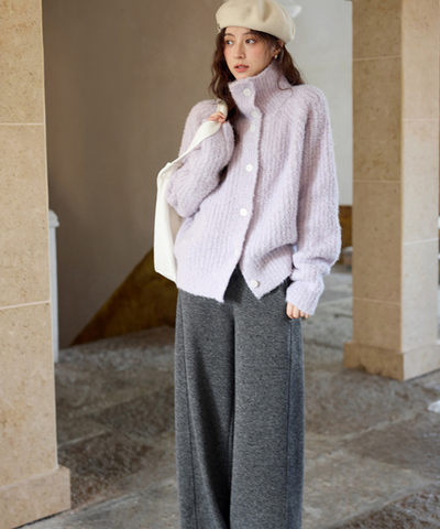 スタンドネックモヘア調オーバーサイズカーディガン