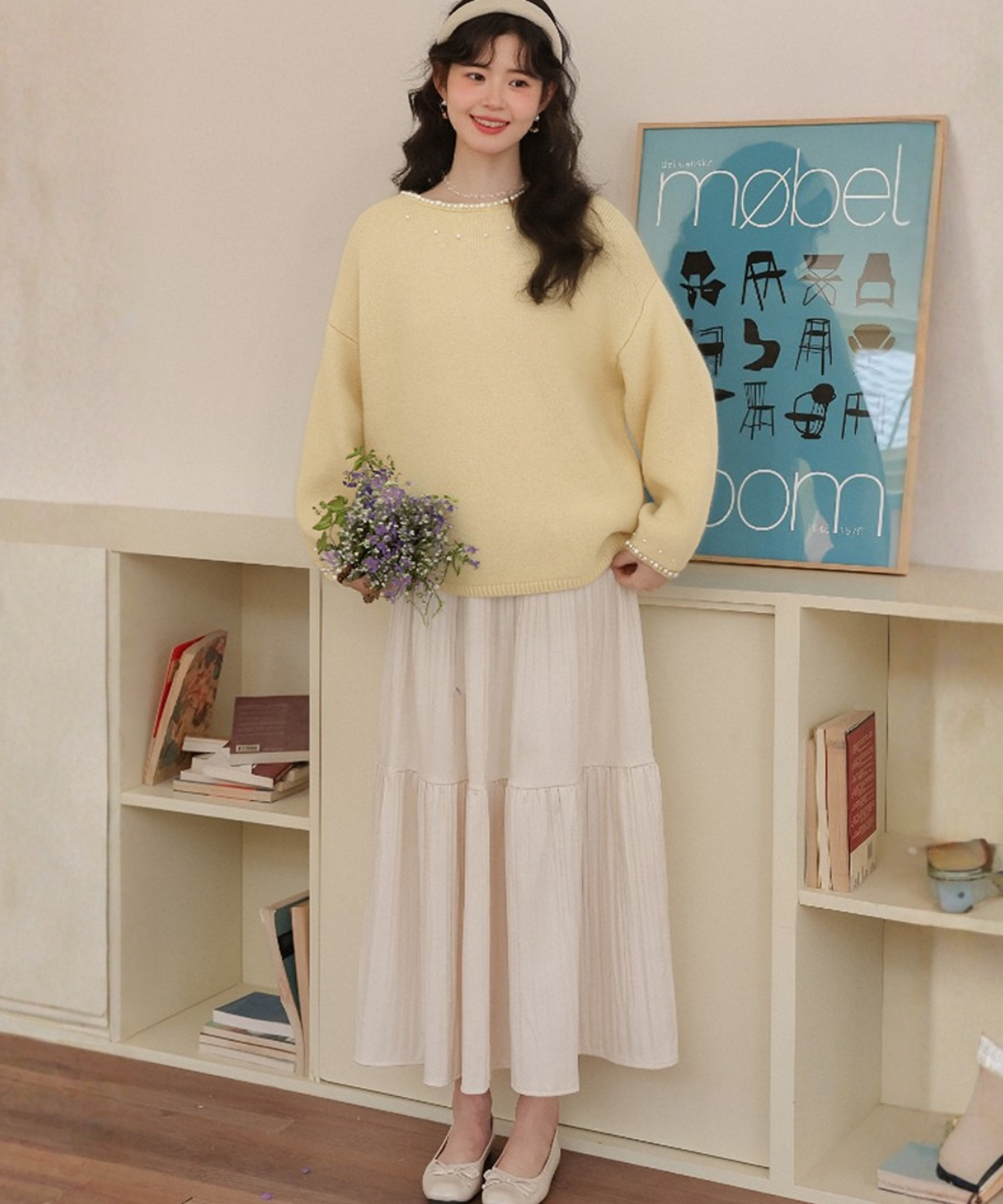 パール装飾ラウンドネックニット