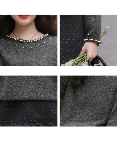 パール装飾ラウンドネックニット