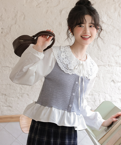 レースビッグカラーレイヤード風ニットベストブラウス