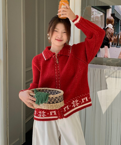 ノルディック調配色ラインジップアップニットカーディガン