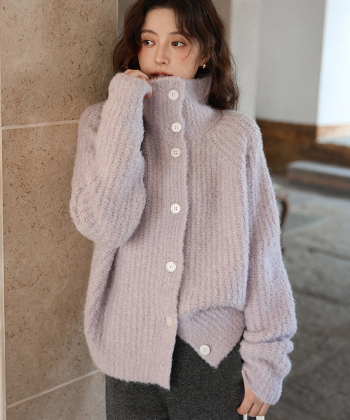 スタンドネックモヘア調オーバーサイズカーディガン