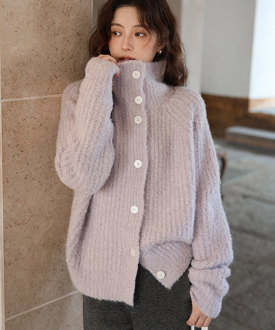 スタンドネックモヘア調オーバーサイズカーディガン