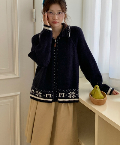 ノルディック調配色ラインジップアップニットカーディガン