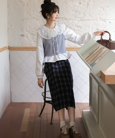 レースビッグカラーレイヤード風ニットベストブラウス