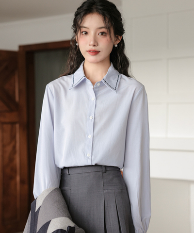 ステッチカラーリボンタイシャツブラウス