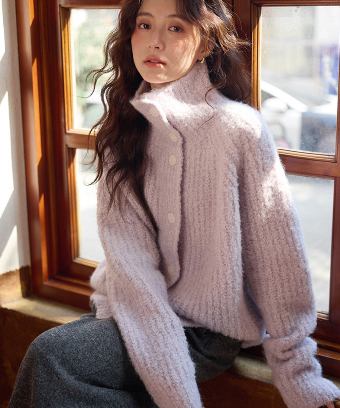 スタンドネックモヘア調オーバーサイズカーディガン