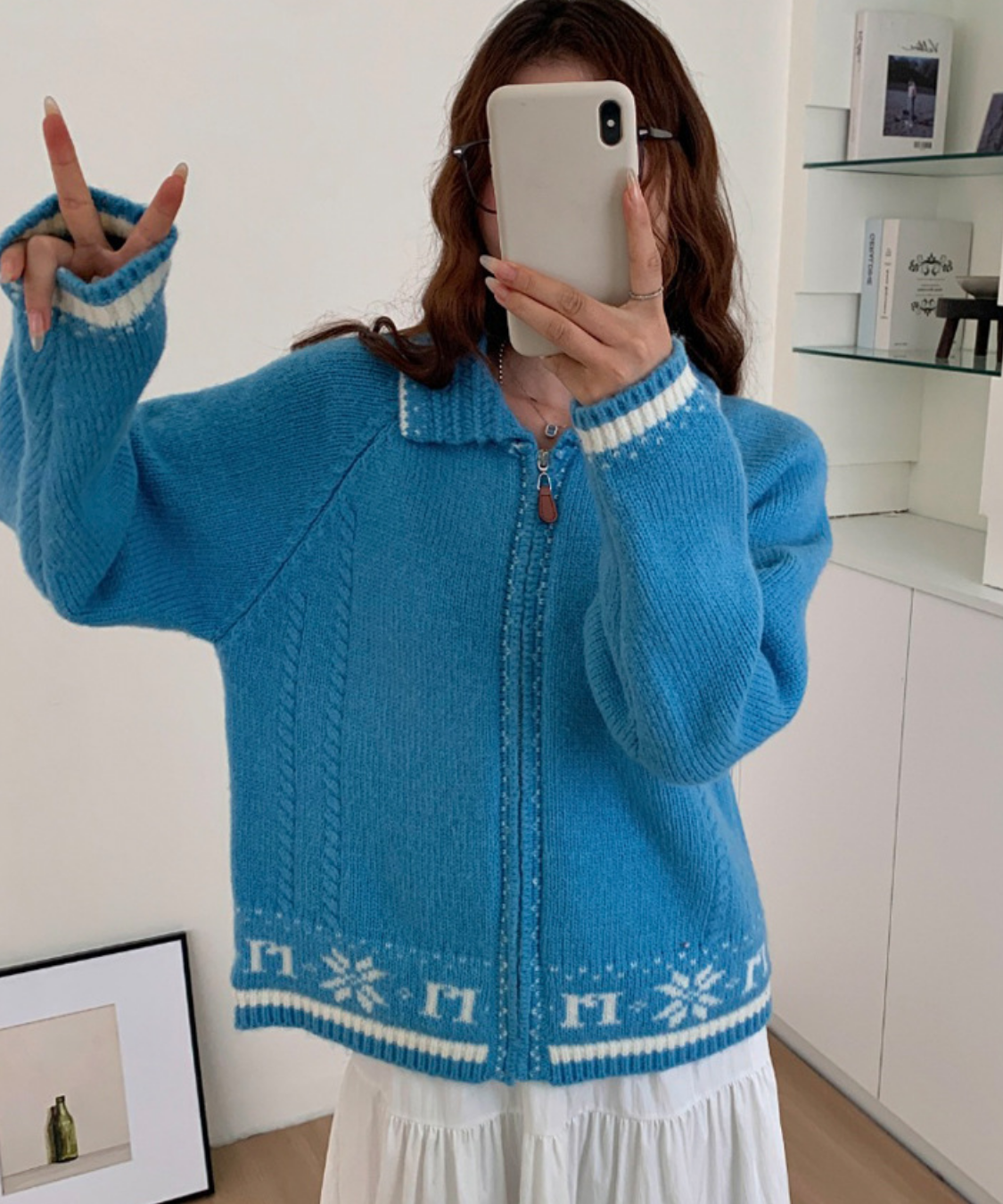 ノルディック調配色ラインジップアップニットカーディガン