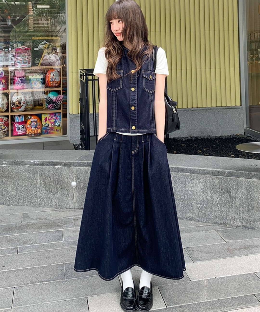 ノーカラー前開きステッチデニムベスト（セットアップ可） – jemiremi
