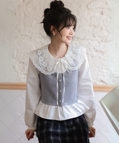 レースビッグカラーレイヤード風ニットベストブラウス