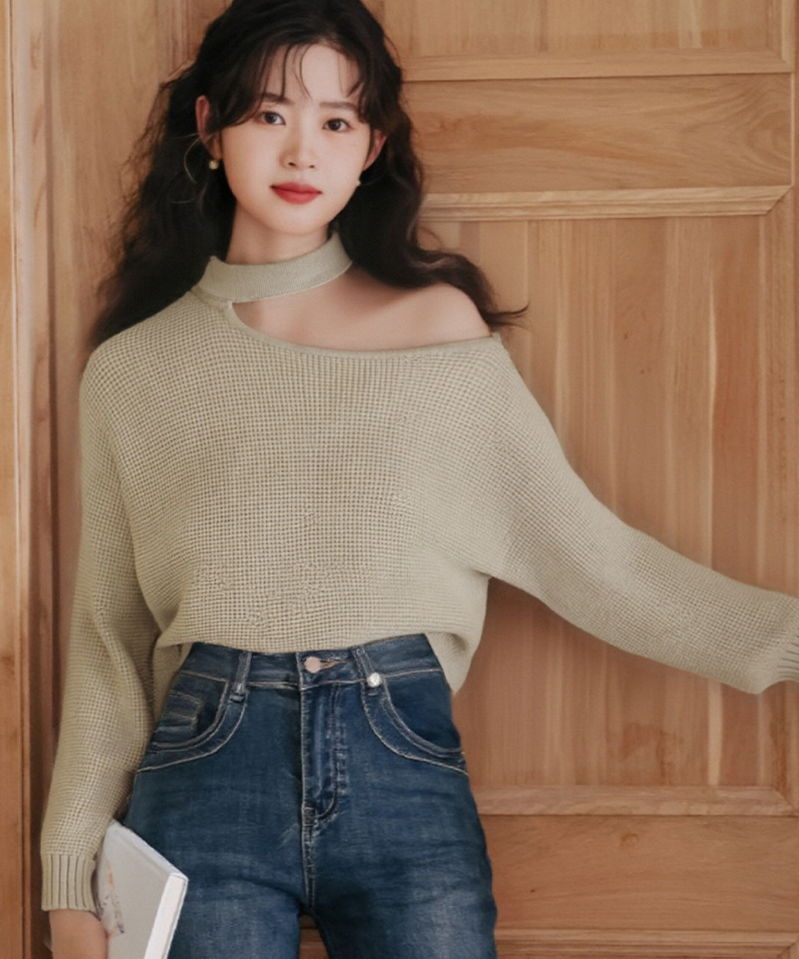 チョーカーデザインオフショルダーニット