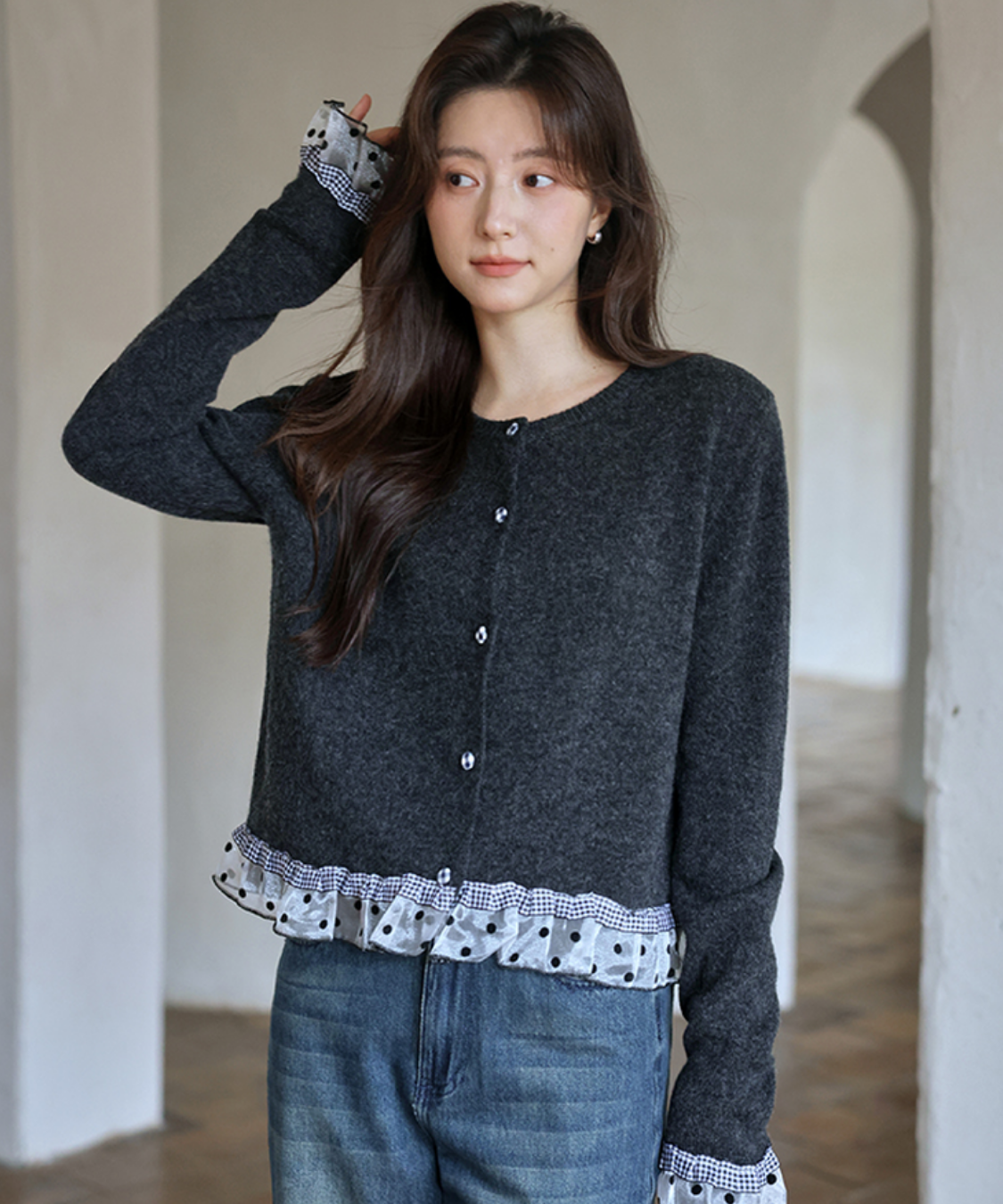 ドットチュールギンガムチェックフリルカーディガン