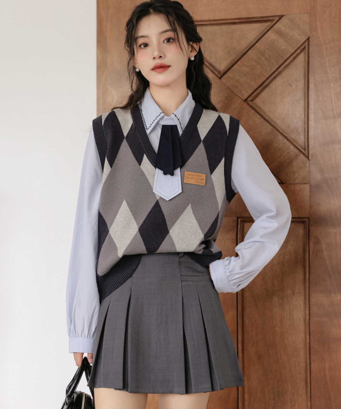 ステッチカラーリボンタイシャツブラウス