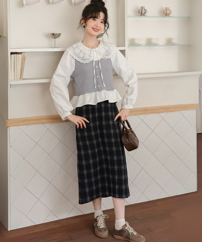 レースビッグカラーレイヤード風ニットベストブラウス