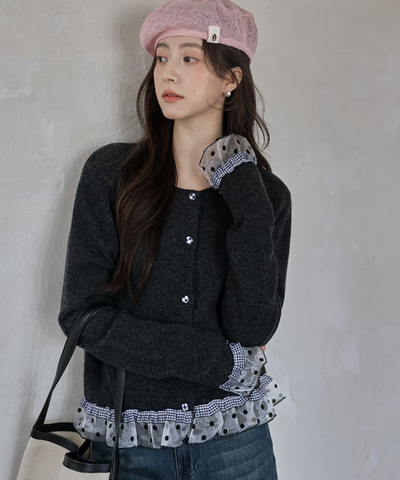 ドットチュールギンガムチェックフリルカーディガン