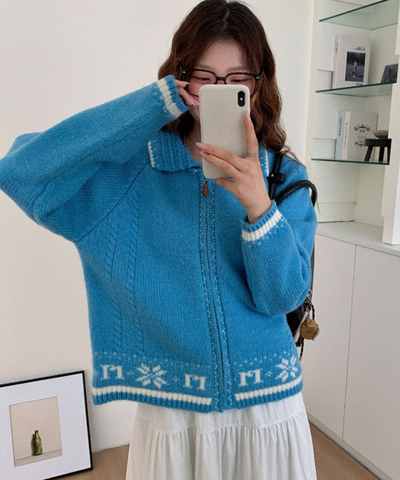 ノルディック調配色ラインジップアップニットカーディガン