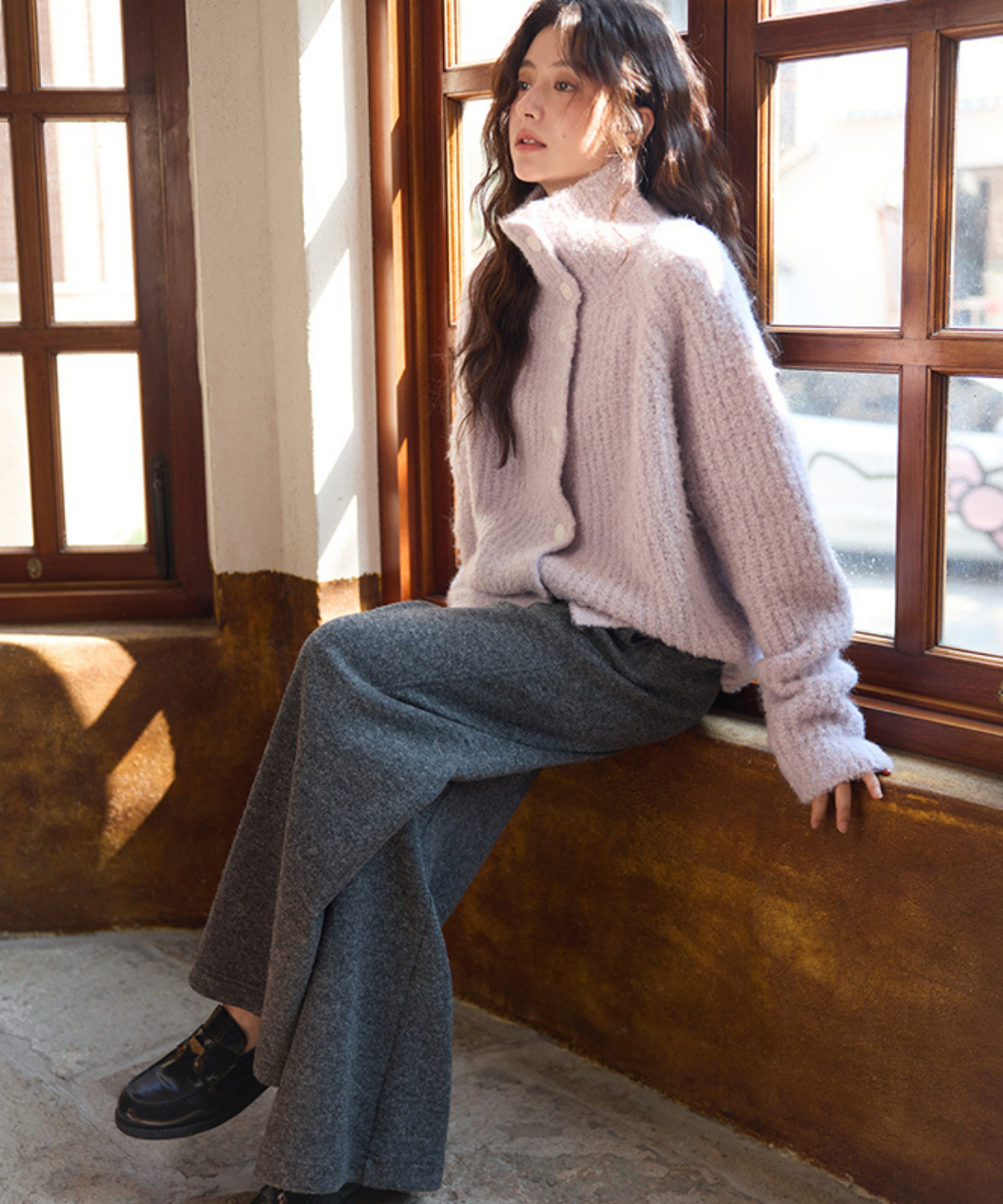 スタンドネックモヘア調オーバーサイズカーディガン