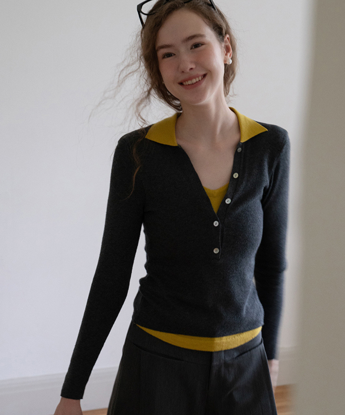 配色レイヤード風ポロカラーニットトップス