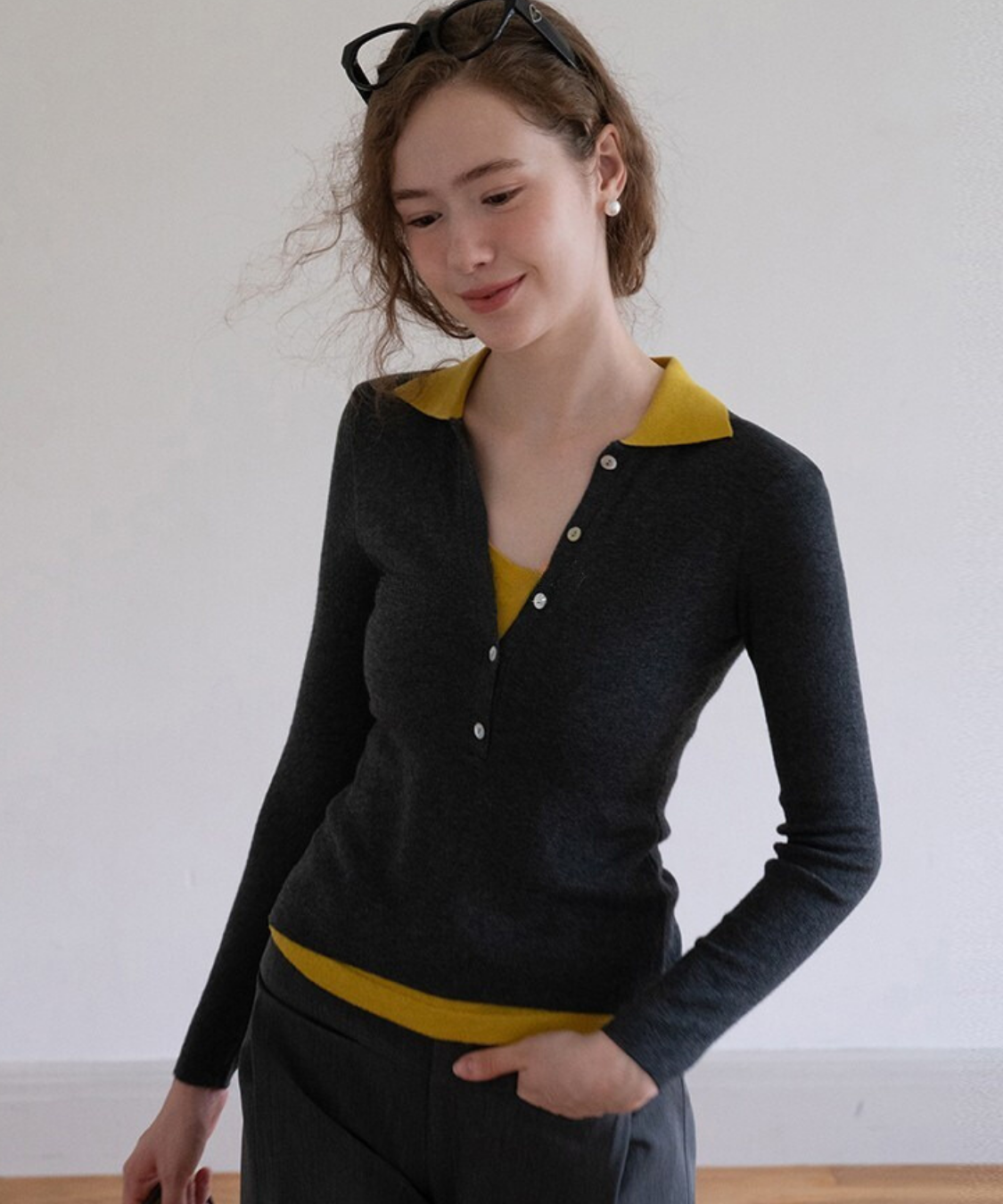 配色レイヤード風ポロカラーニットトップス