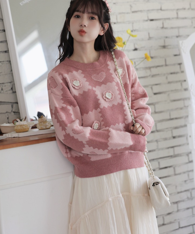 フラワーモチーフハート柄クルーネックニット