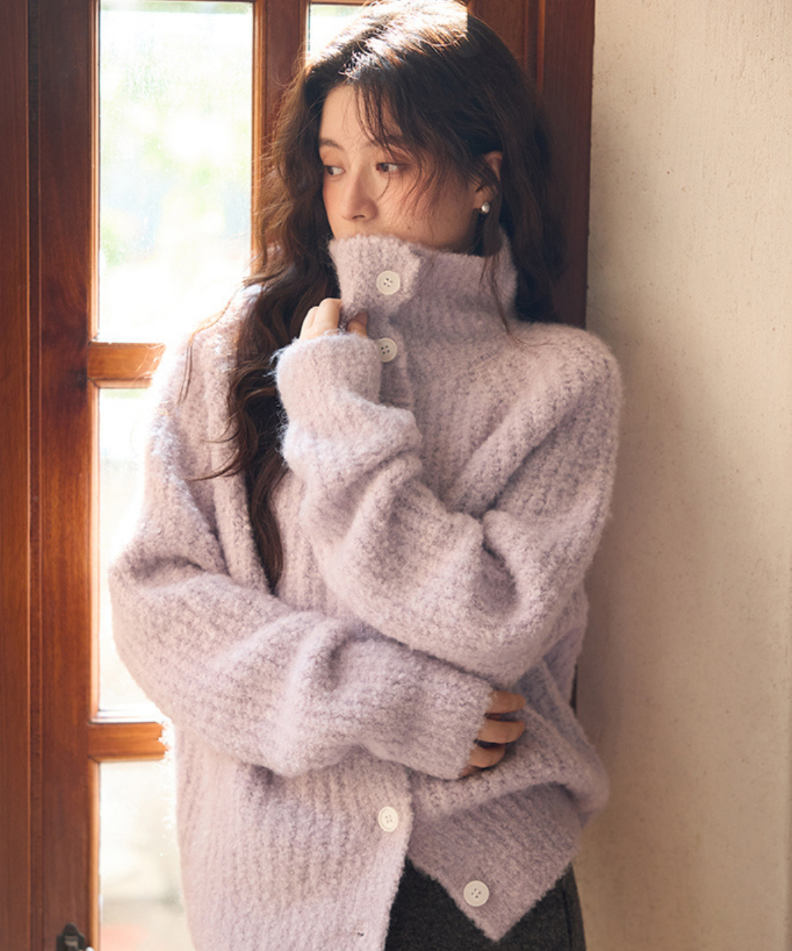 スタンドネックモヘア調オーバーサイズカーディガン