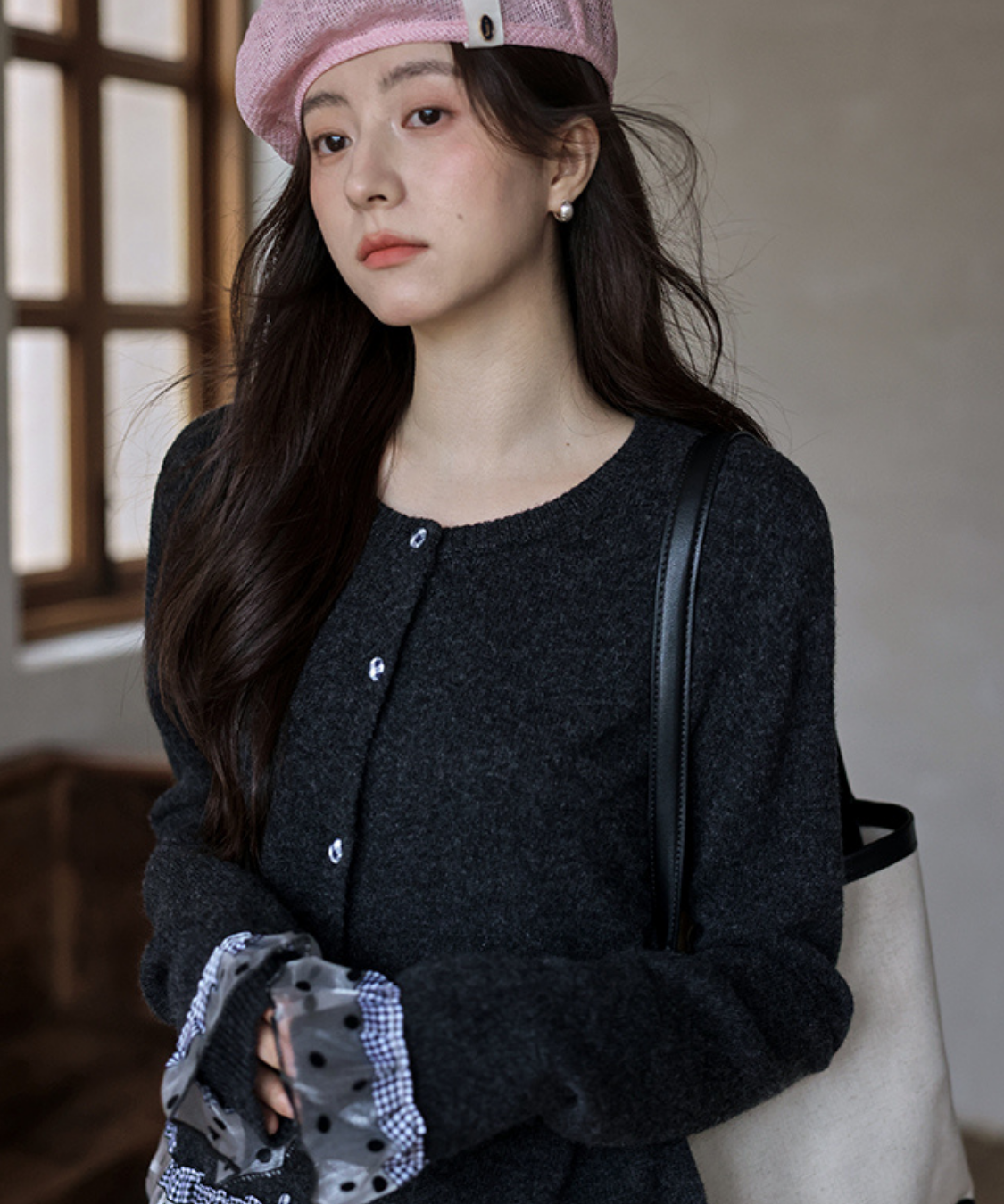 ドットチュールギンガムチェックフリルカーディガン