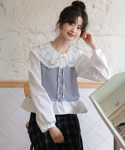 レースビッグカラーレイヤード風ニットベストブラウス