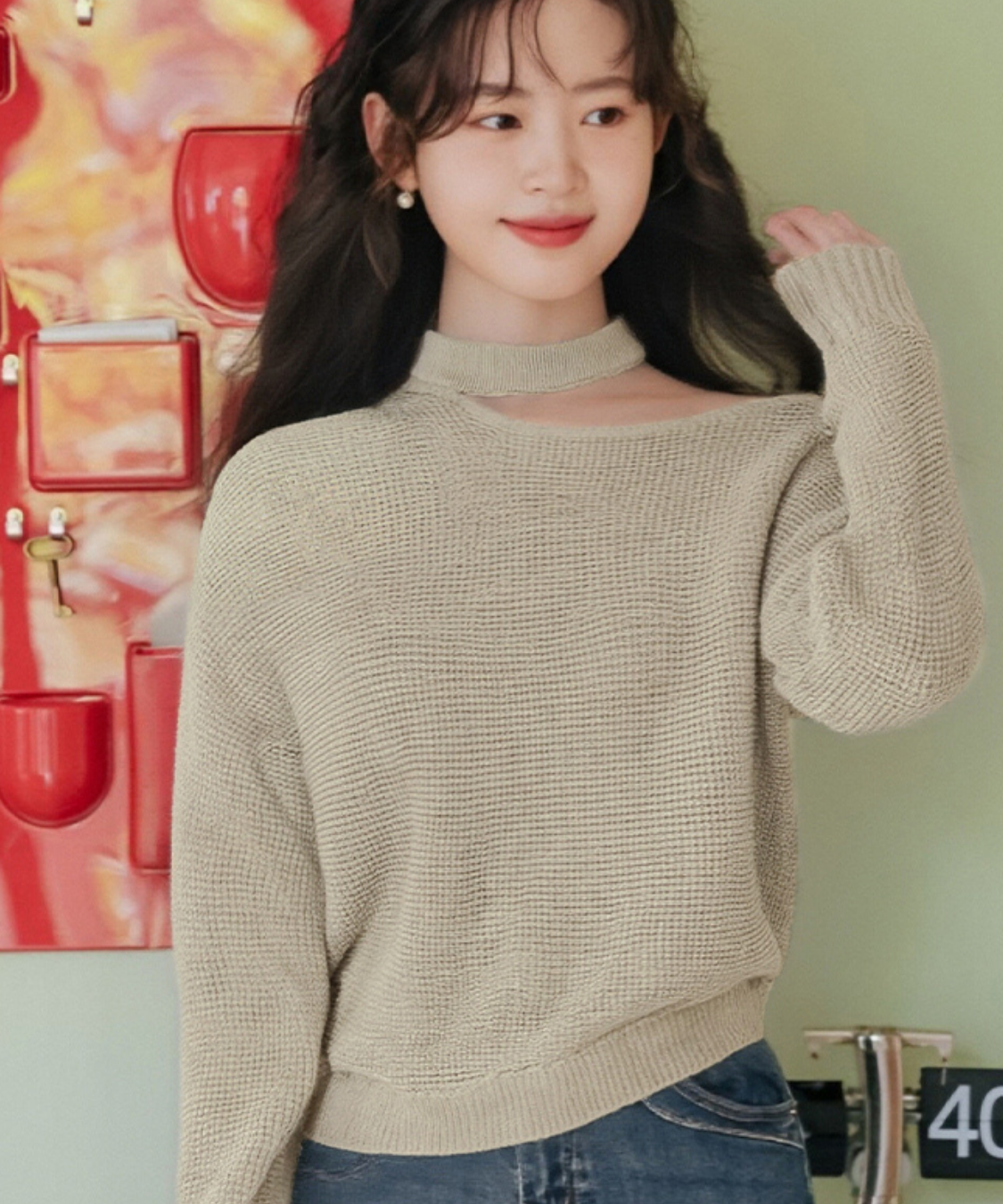 チョーカーデザインオフショルダーニット