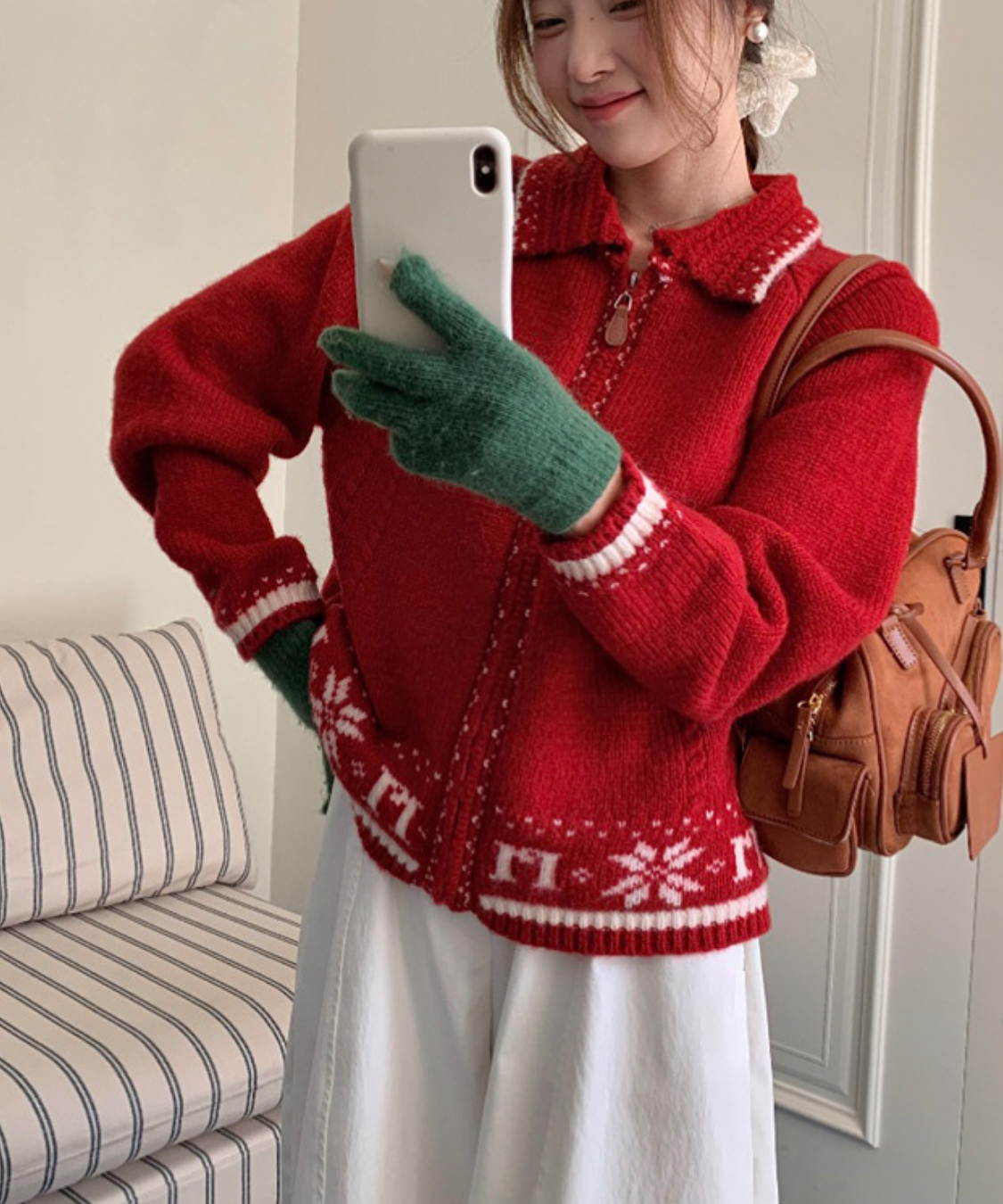 ノルディック調配色ラインジップアップニットカーディガン