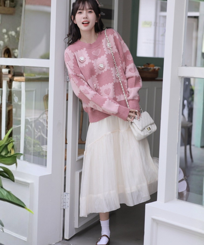 フラワーモチーフハート柄クルーネックニット