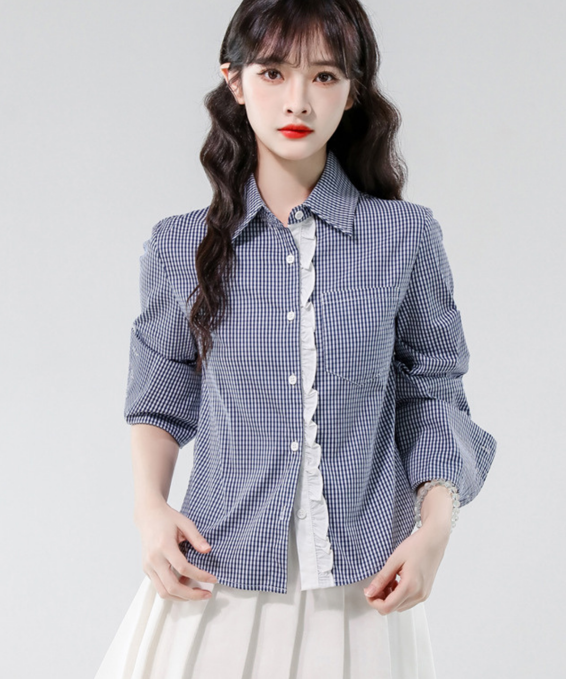 フリルラインギンガムカフスシャツ