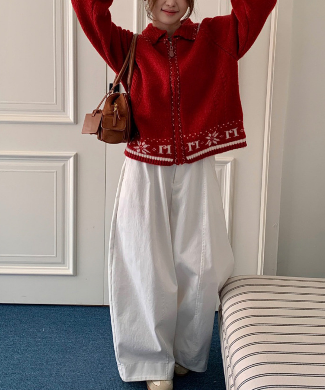 ノルディック調配色ラインジップアップニットカーディガン