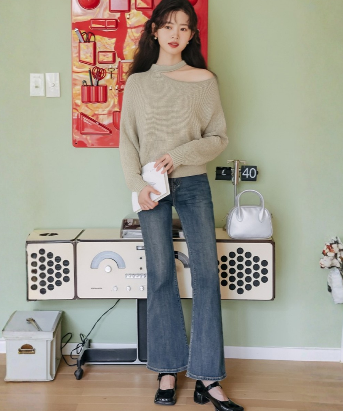 チョーカーデザインオフショルダーニット