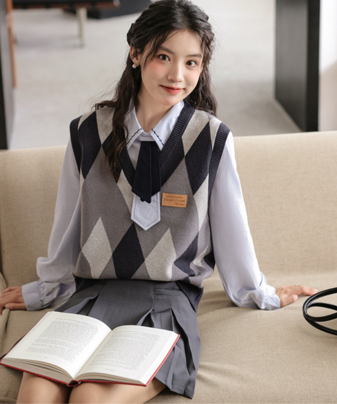 ステッチカラーリボンタイシャツブラウス