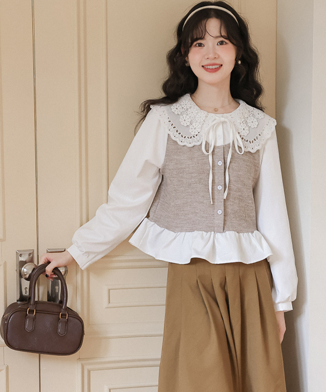 レースビッグカラーレイヤード風ニットベストブラウス