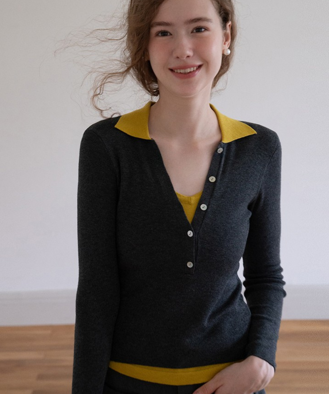 配色レイヤード風ポロカラーニットトップス