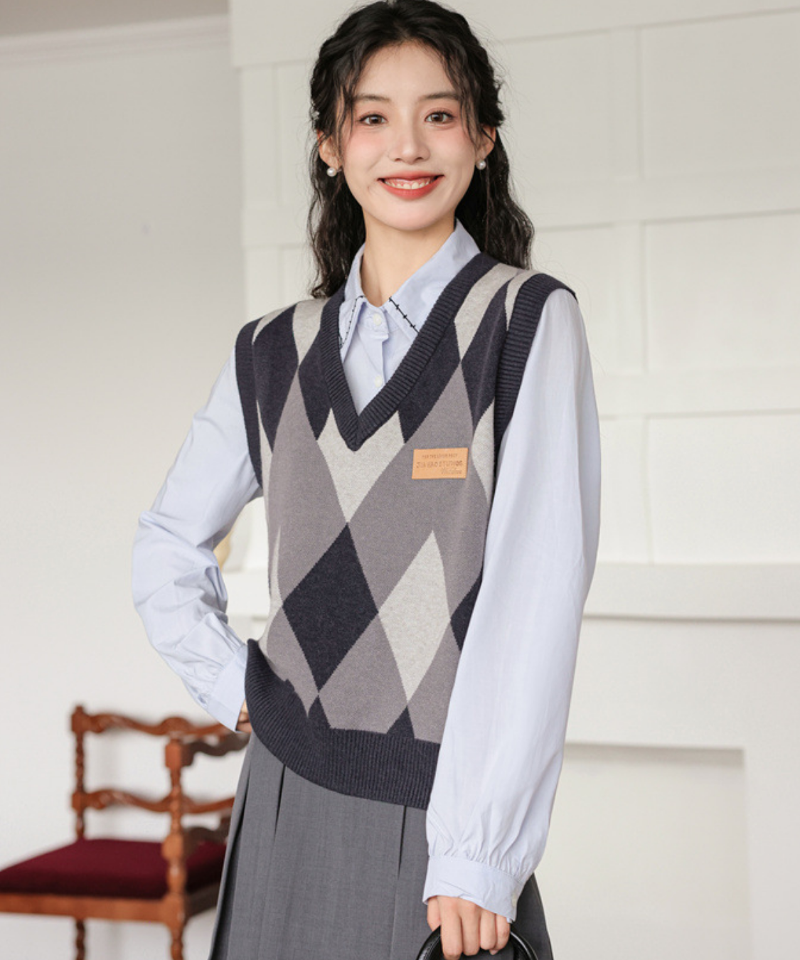 ステッチカラーリボンタイシャツブラウス