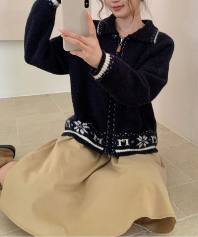 ノルディック調配色ラインジップアップニットカーディガン