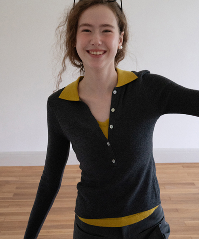 配色レイヤード風ポロカラーニットトップス