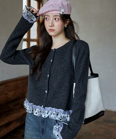 ドットチュールギンガムチェックフリルカーディガン