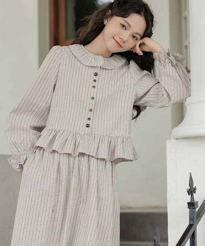 フリル襟ペプラムブラウス＋ストライプフレアスカート 2点セット