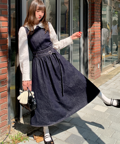 ウエストデザインデニムノースリーブワンピース