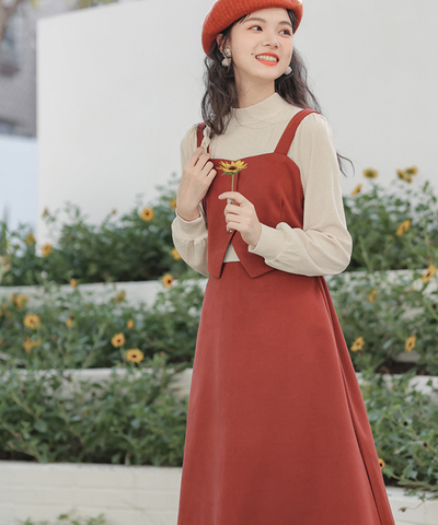 肩紐付きビスチェ風フェイクレイヤードワンピース