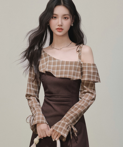 ワンショルダーチェック柄フリルワンピース