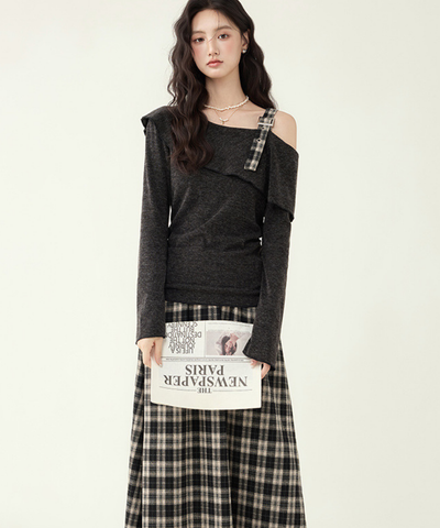 アシンメトリーボートネックトップス＋チェックフレアスカート 2点セット
