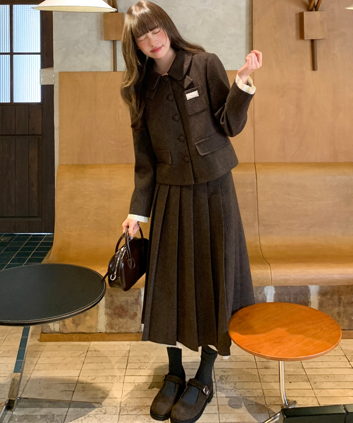 レースレイヤード袖ジャケット＋ボックスプリーツスカート 2点セット