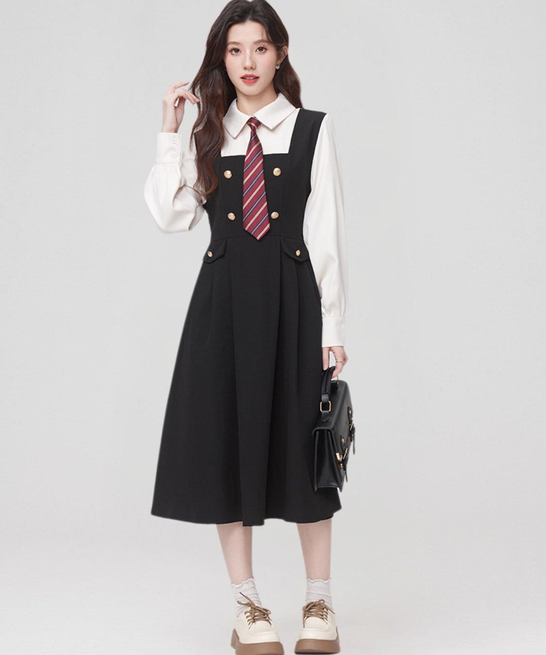 フェイクツーピースワイドカラータイ付きワンピース – jemiremi