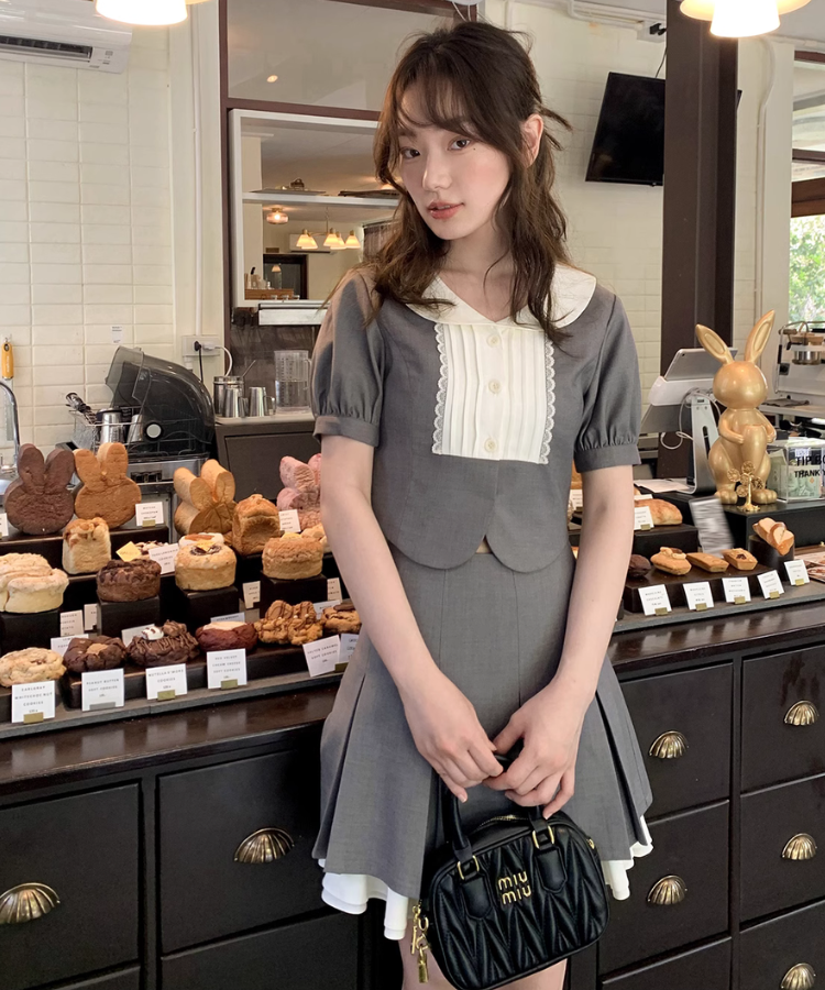 パフスリーブガーリーショートトップス+レイヤードスカート パフスリーブガーリーショートトップス+レイヤードスカート