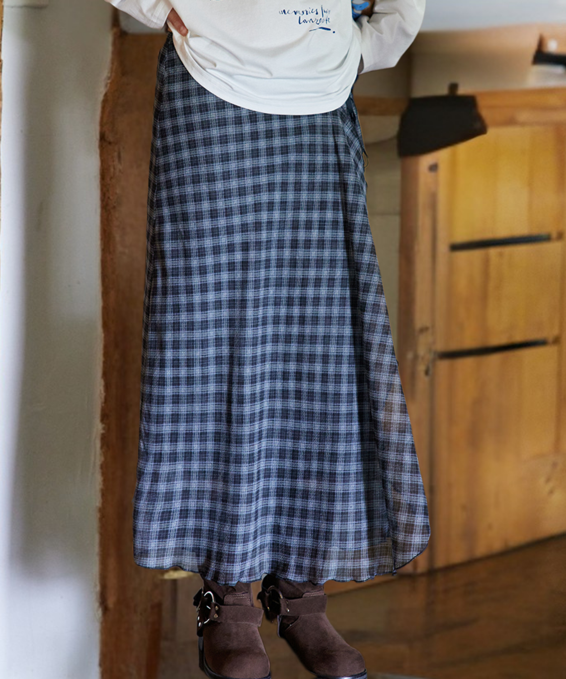チェック柄ラップロングスカート